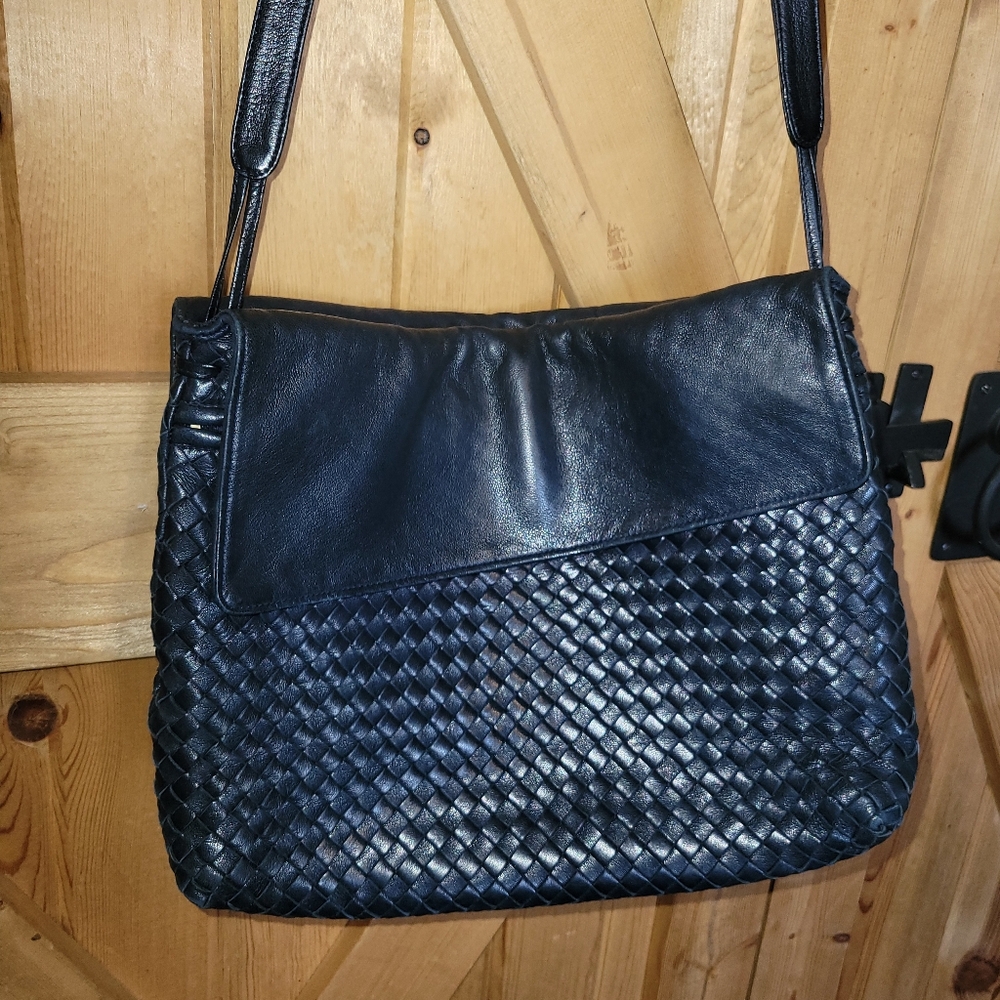 Vintage Pier Caranti Roma Woven Leather Crossbody Bag  Made In Italy Navy